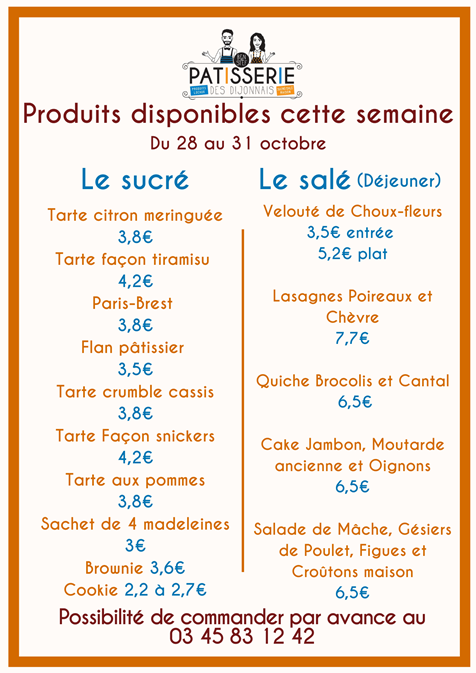 Menu de la semaine sur place ou à emporter