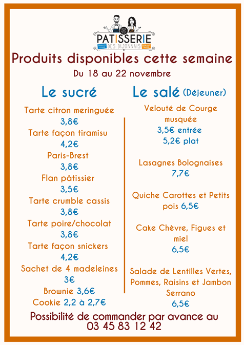 Menu de la semaine sur place ou à emporter